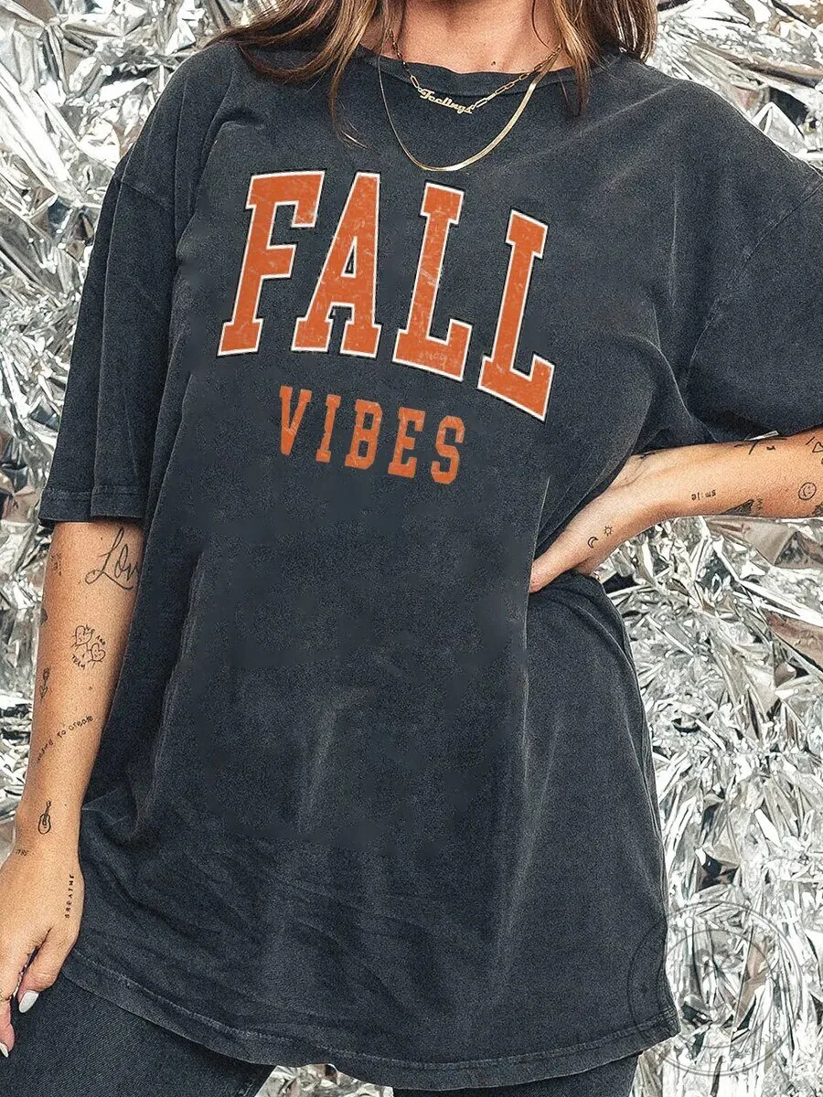 Fall Vibes Washed Graphic Tee Autumn Season Holiday Casual T-Shirt