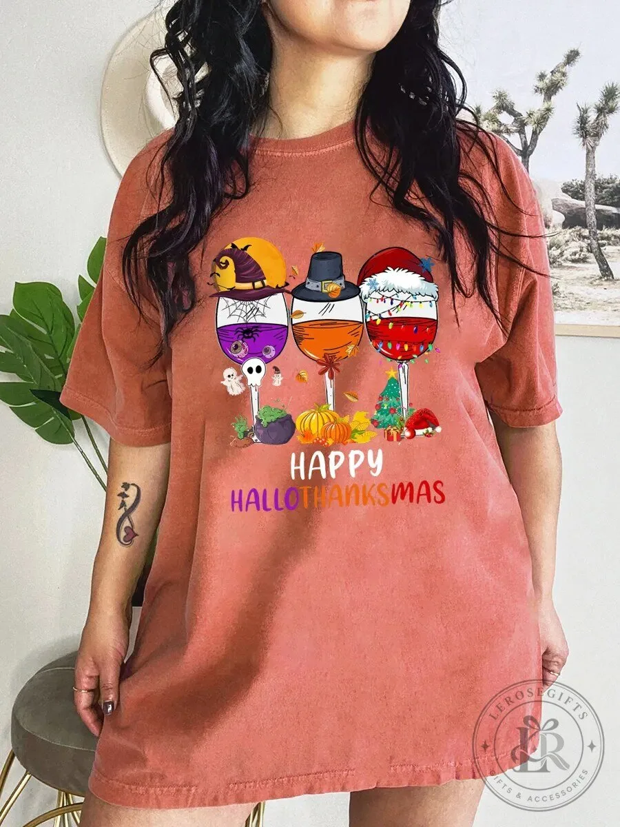 Happy Hallothanksmas Wine Glasses Holiday Season Celebration T-Shirt