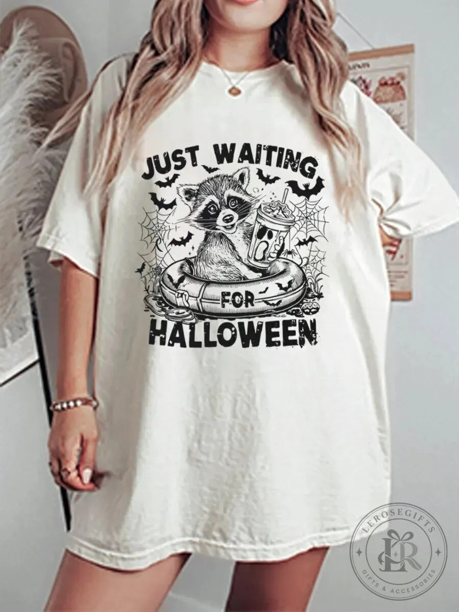 Halloween Graphic Tee Just Waiting For Halloween Raccoon Bats Spiderweb T-Shirt
