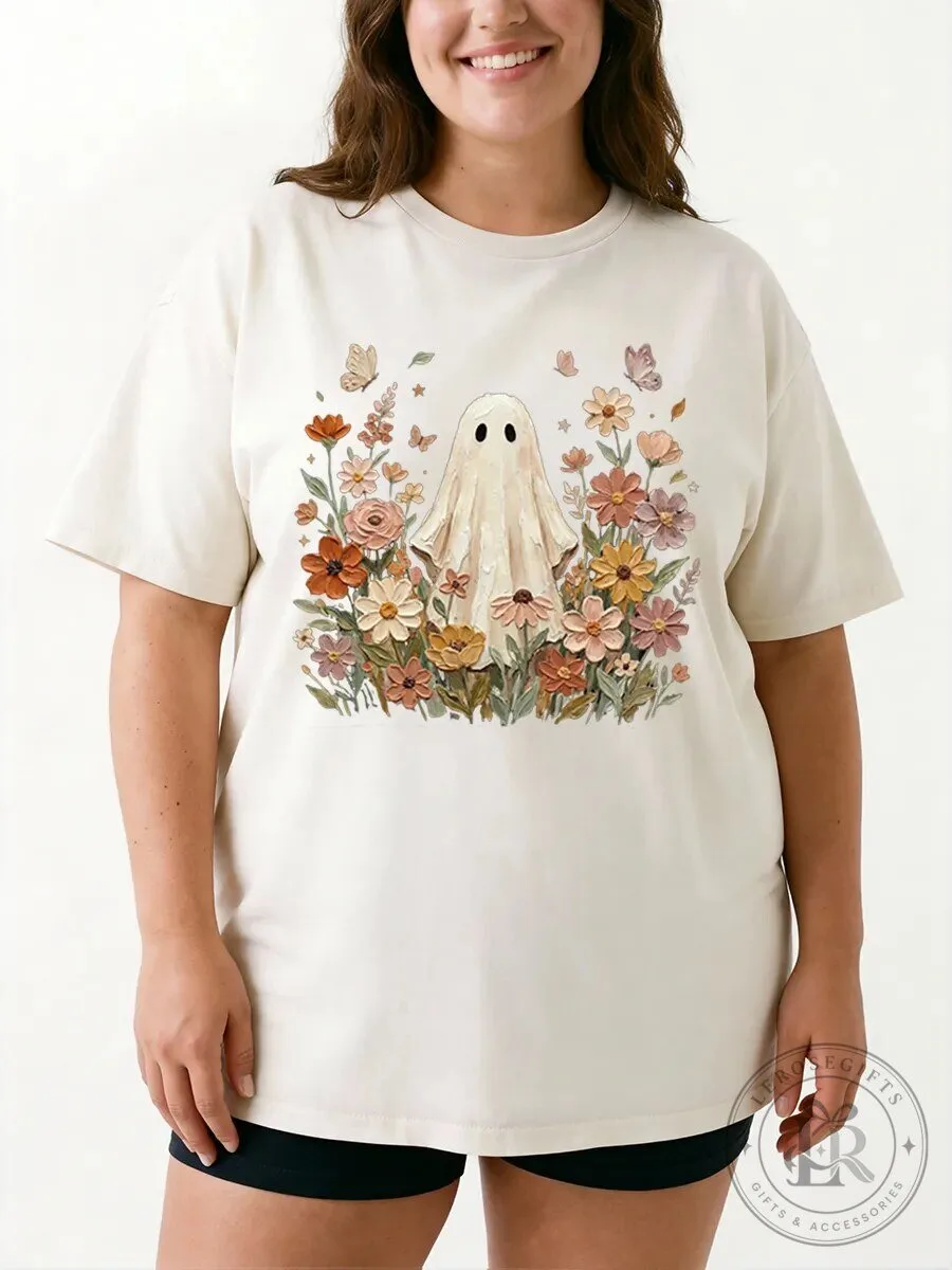 Halloween Graphic Tee Vintage Ghost Floral Fall Oversized T-Shirt
