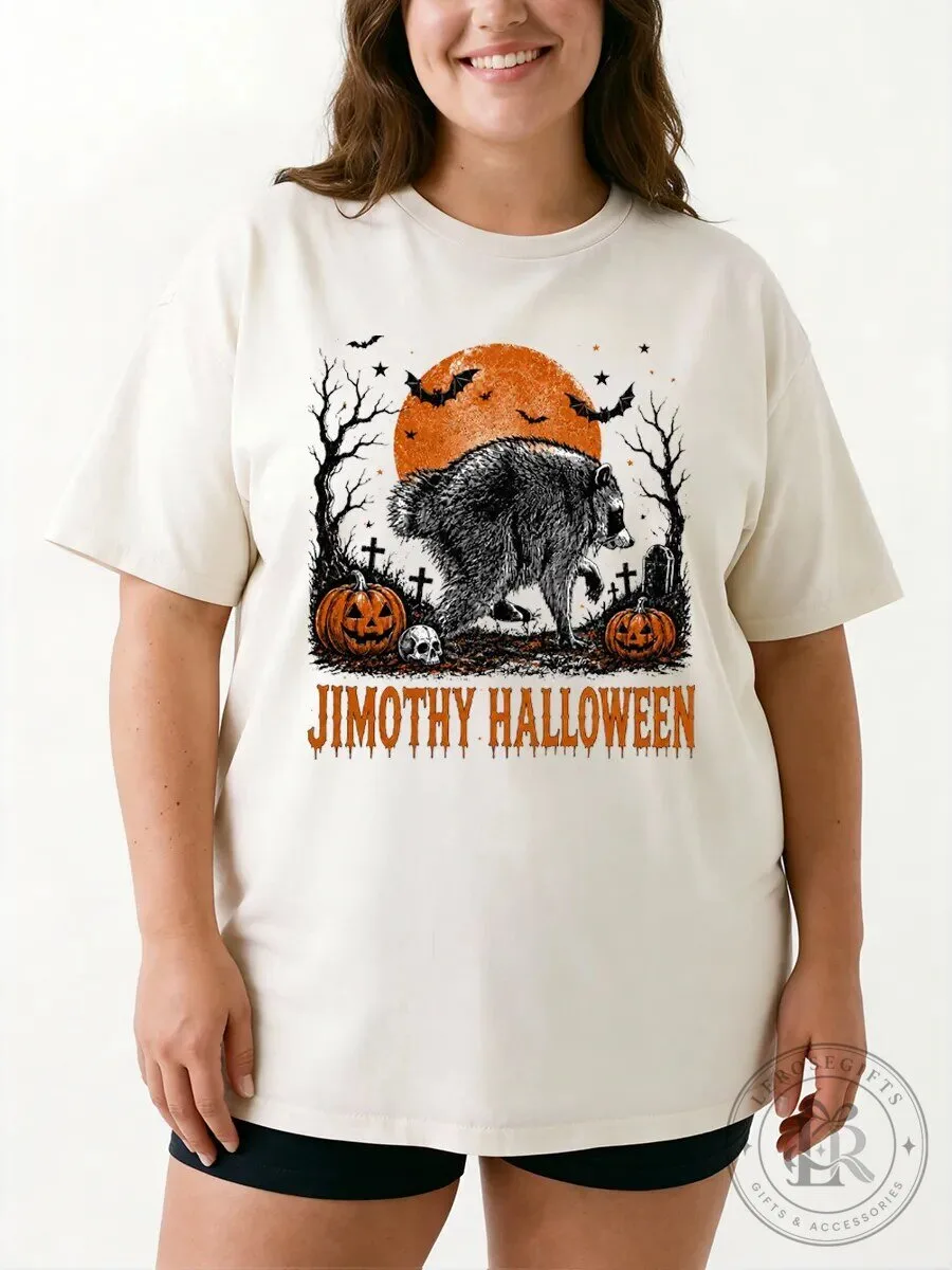 Halloween Graphic Tee with Jimothy Raccoon and Pumpkins, Spooky Full Moon Design