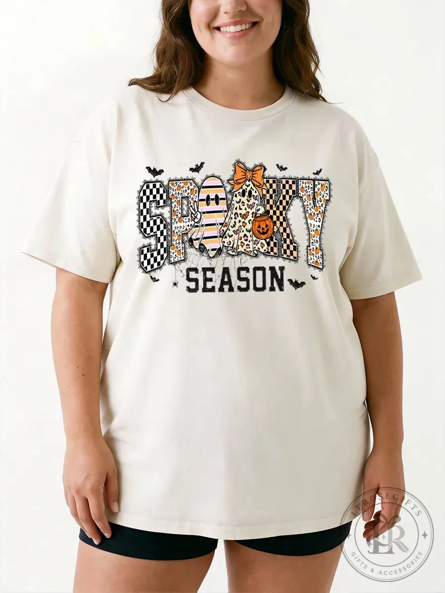 Spooky Season Halloween Graphic Tee Leopard Checkered Ghost Pumpkin T-Shirt