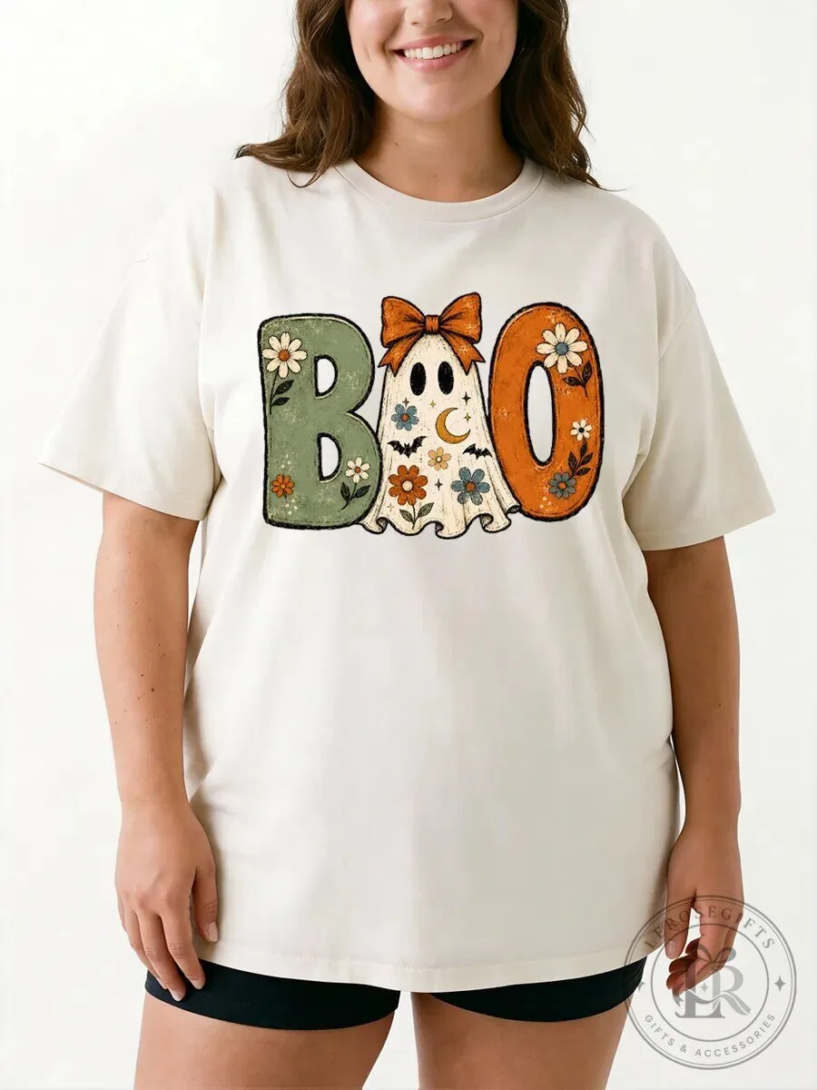 Halloween Graphic Tee Vintage Floral Boo Ghost Oversized T-Shirt