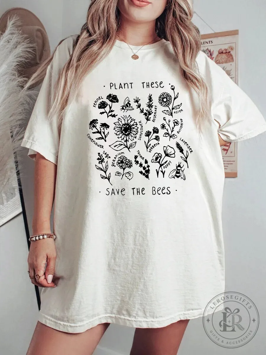 Plant These Save The Bees Wildflowers Botanical Drawing T-Shirt