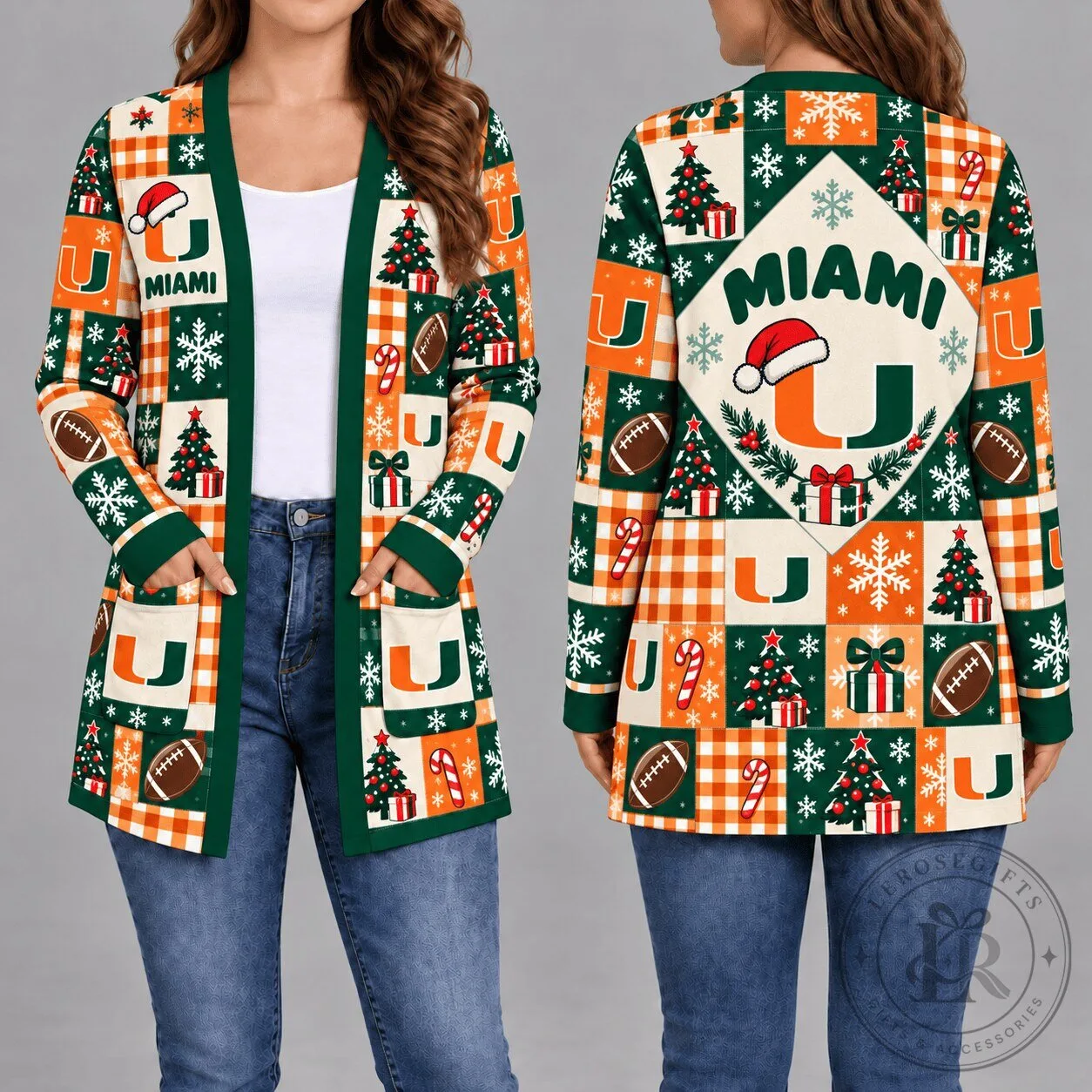 Miami Hurricanes Christmas Holiday Pattern Women's Long Sleeve Cardigan