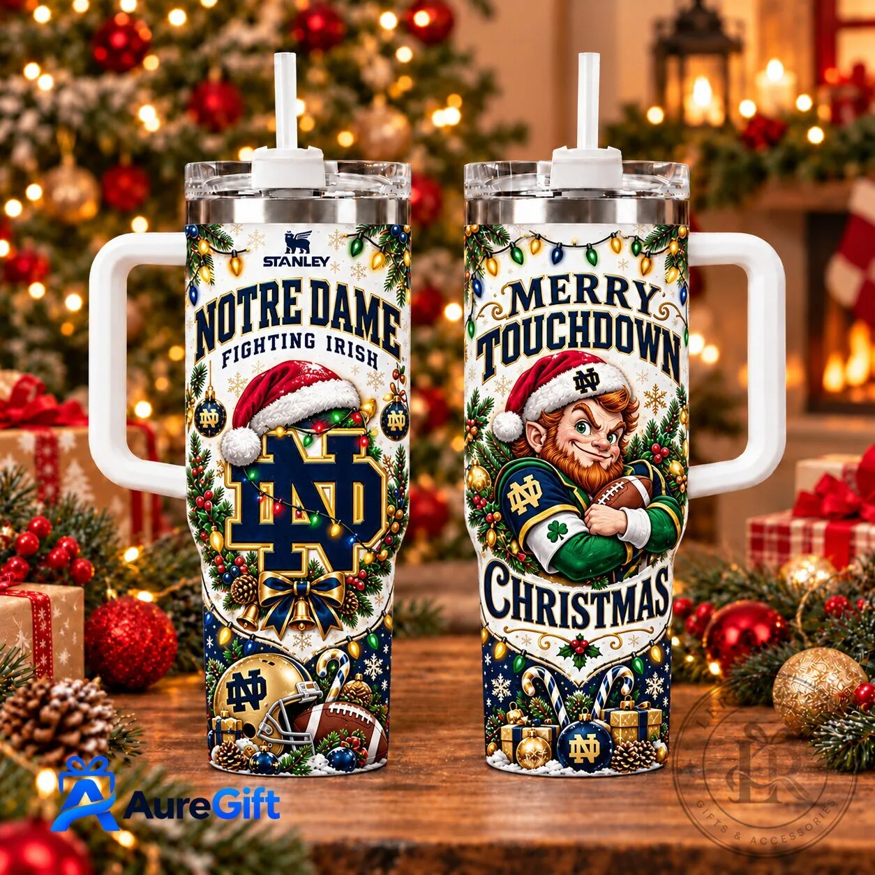 Notre Dame Fighting Irish Christmas Merry Touchdown Holiday 40oz Tumbler with Handle