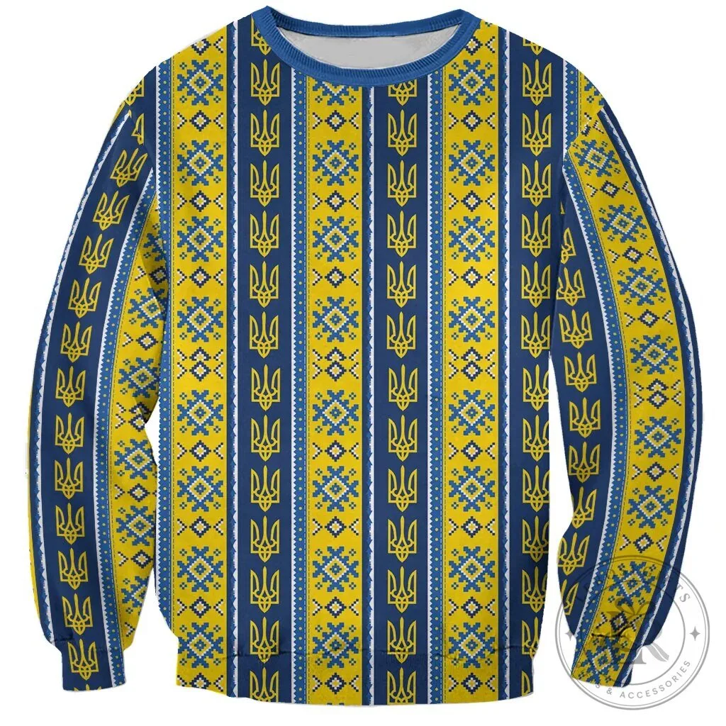 Ukrainian Trident Pattern Christmas Sweatshirt - Blue and Yellow Holiday Sweater