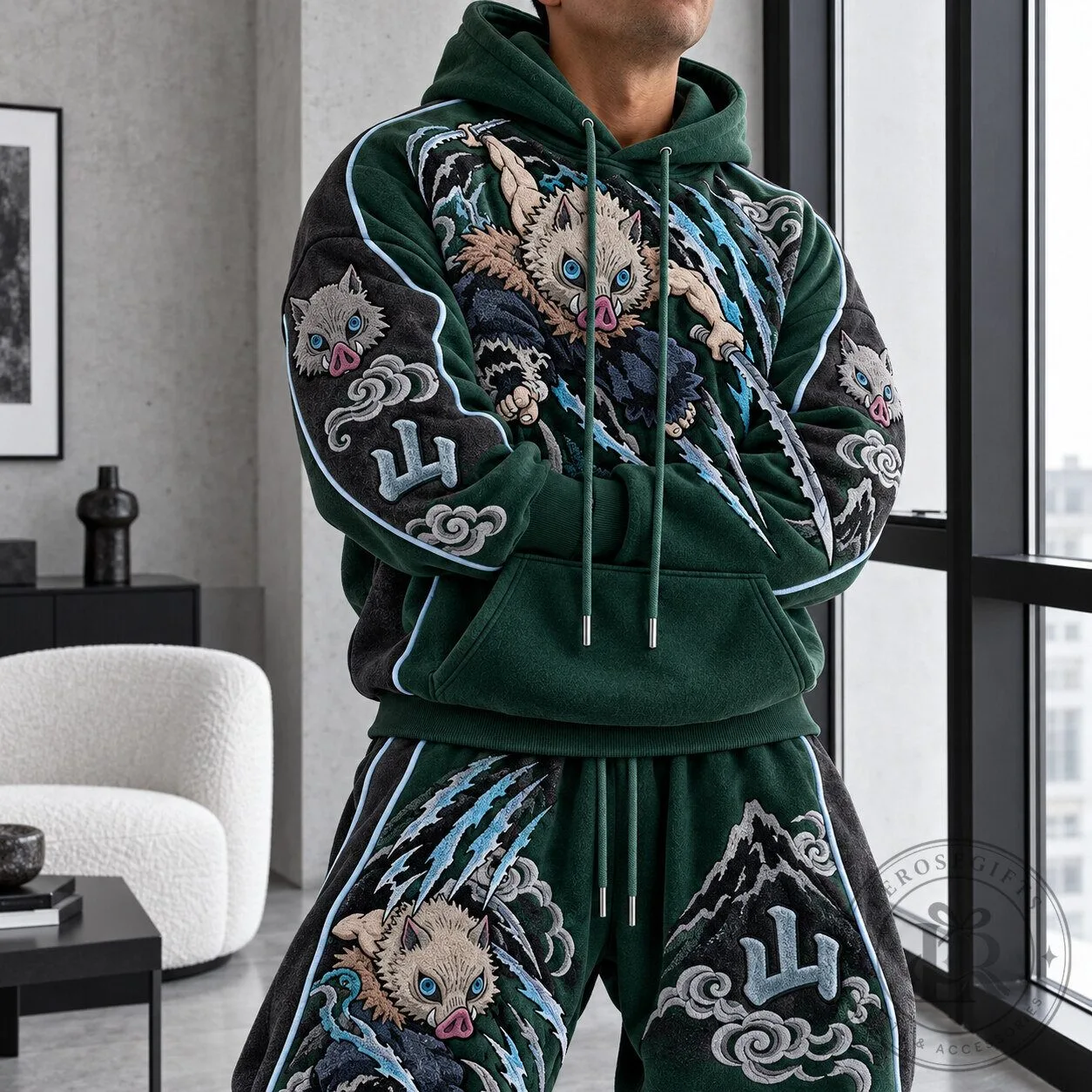 Demon Slayer Inosuke Hashibira Embroidered Green Hoodie