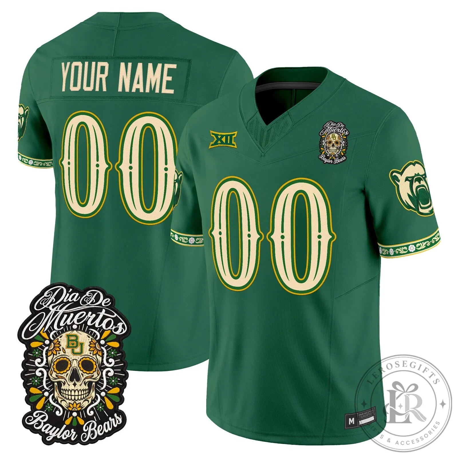 Custom Green Baylor Bears Football Jersey for Día de los Muertos with Name and Number