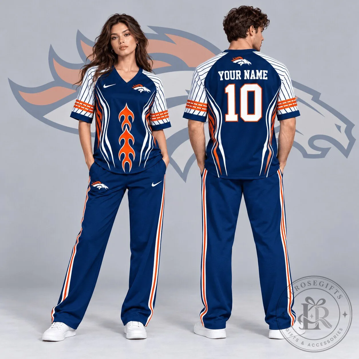 Denver Broncos Custom Name and Number Flame Graphic V-Neck Football Jersey