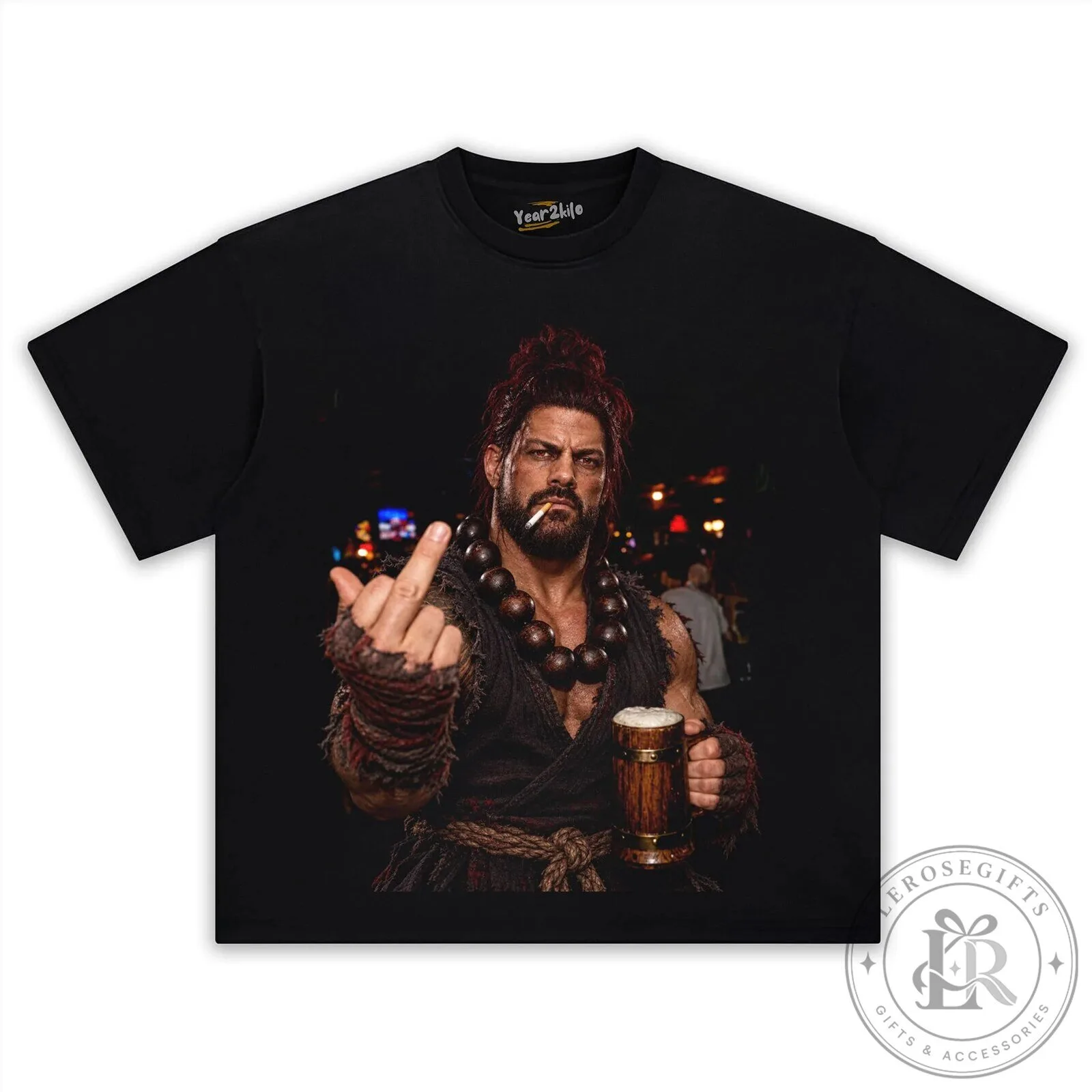 Street Fighter Akuma Roman Reigns Middle Finger Graphic T-Shirt