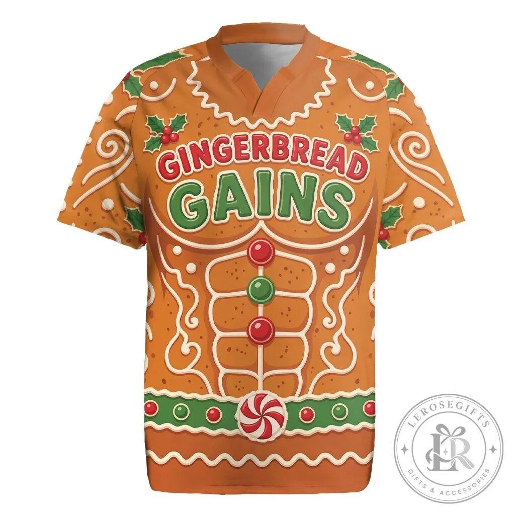 Funny Christmas Gingerbread Man Gains Bodybuilder Holiday Rugby Jersey